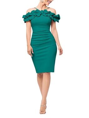 Green Off The Shoulder Halter Sheath Dress
